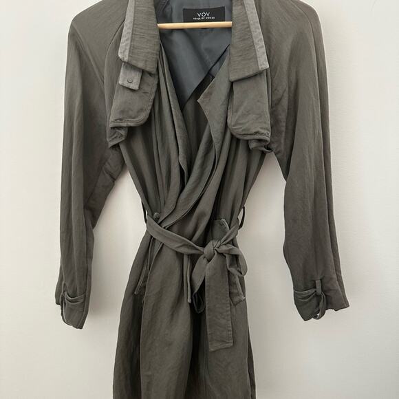 Voice of Voices Olive Green Trench Coat Tie Belt Long Sleeve Size 55 / Small - Picture 1 of 6
